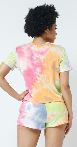 Neon and yellow Tie Dye short sleeve top and drawstring shorts