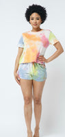 Neon and yellow Tie Dye short sleeve top and drawstring shorts