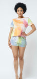 Neon and yellow Tie Dye short sleeve top and drawstring shorts