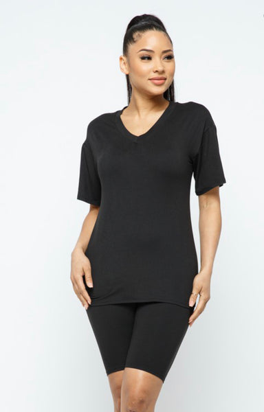 Black V neck basic t-shirts top and bike shorts set