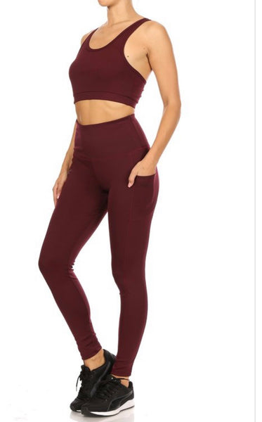 Burgundy 2-piece workout sports bra and tummy control sports leggings Active Wear