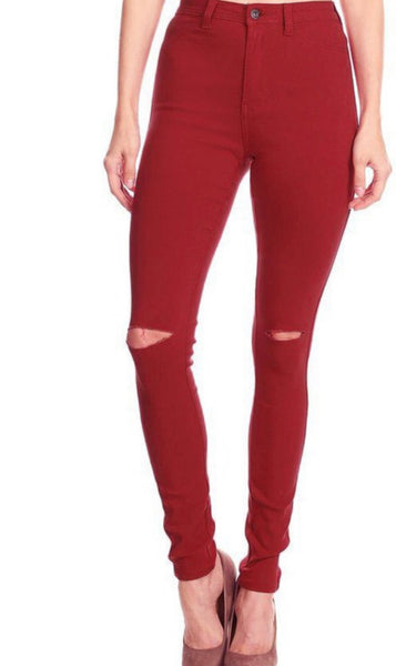 High Waist Super Stretch Red Jeans knee slit