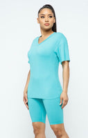 Jade V neck basic t-shirts top and bike shorts set