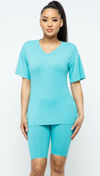 Jade V neck basic t-shirts top and bike shorts set