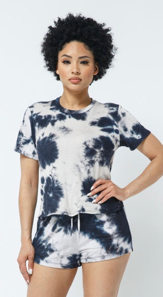 Black and white Tie Dye short sleeve top and drawstring shorts