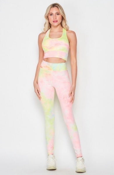 Pink and Yellow Tie Die Bra and leggings set Active Wear