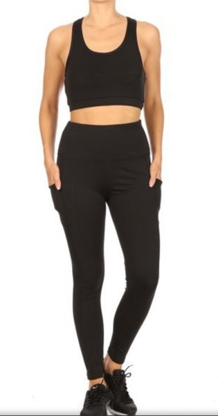 Black 2-piece sports bra with tummy control sports leggings Active Wear