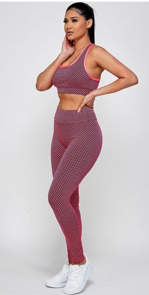 Pink and Black solid 2 piece set with fitted sports bra and matching butt lift leggings