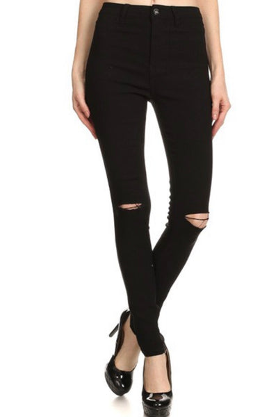 High Waist Super Stretch Black Jeans knee slit